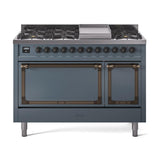 ILVE UN48FQNMPBGBLP Nostalgie II Noblesse 48 inch Dual Fuel Range (8 Sealed Burners + Griddle, Liquid Propane, Solid Door, Blue Grey, Burnished)
