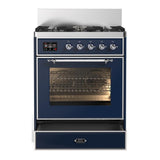 ILVE UM30NR3MBC Majestic III 30 inch Dual Fuel Range with 5 Black Brass Burners, Dual Function Burner up to 25,000 BTU (Natural Gas, Triple Glass Door, Midnight Blue, Chrome)