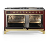 ILVE UM60FQNR3BUGLP Majestic III 60 inch Dual Fuel Range with 9 Burners and Griddle, Dual Function Burner up to 25,000 BTU (Liquid Propane, Solid Door, Burgundy, Brass)