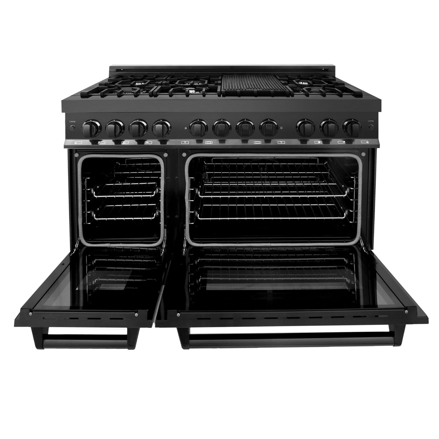 ZLINE 48" 6.0 cu. ft. Dual Fuel Range with Gas Stove and Electric Oven in Black Stainless Steel with Brass Burners (RAB-48)