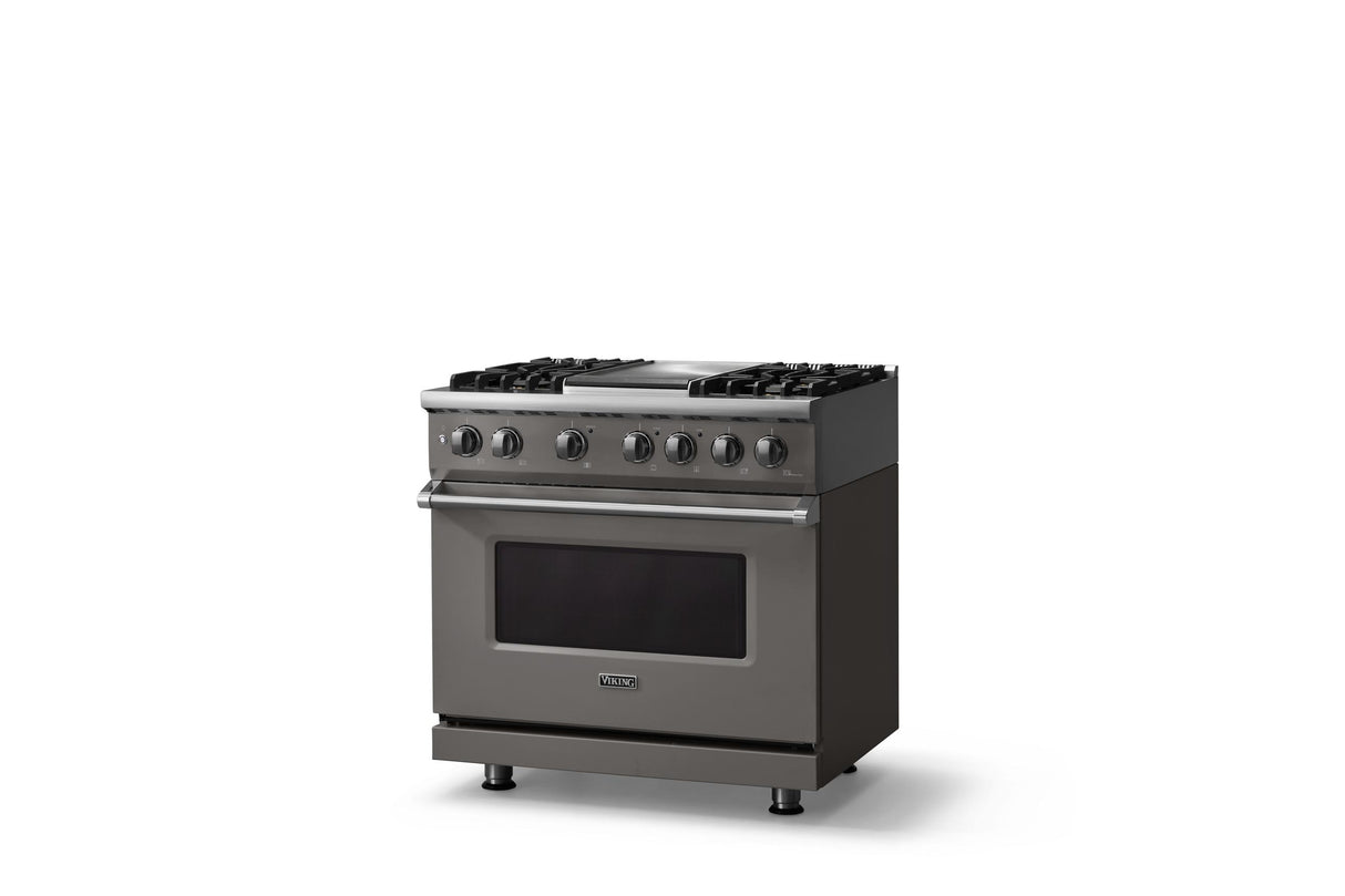 36"W. Dual Fuel Range (Burner: 4g, Finish: Damascus Gray, Trim: Polished Chrome, Fuel: Natural Gas)