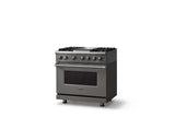 36"W. Dual Fuel Range (Burner: 4g, Finish: Damascus Gray, Trim: Polished Chrome, Fuel: Natural Gas)