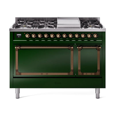 ILVE UN48FQNMPEGBLP Nostalgie II Noblesse 48 inch Dual Fuel Range (8 Sealed Burners + Griddle, Liquid Propane, Solid Door, Emerald Green, Burnished)