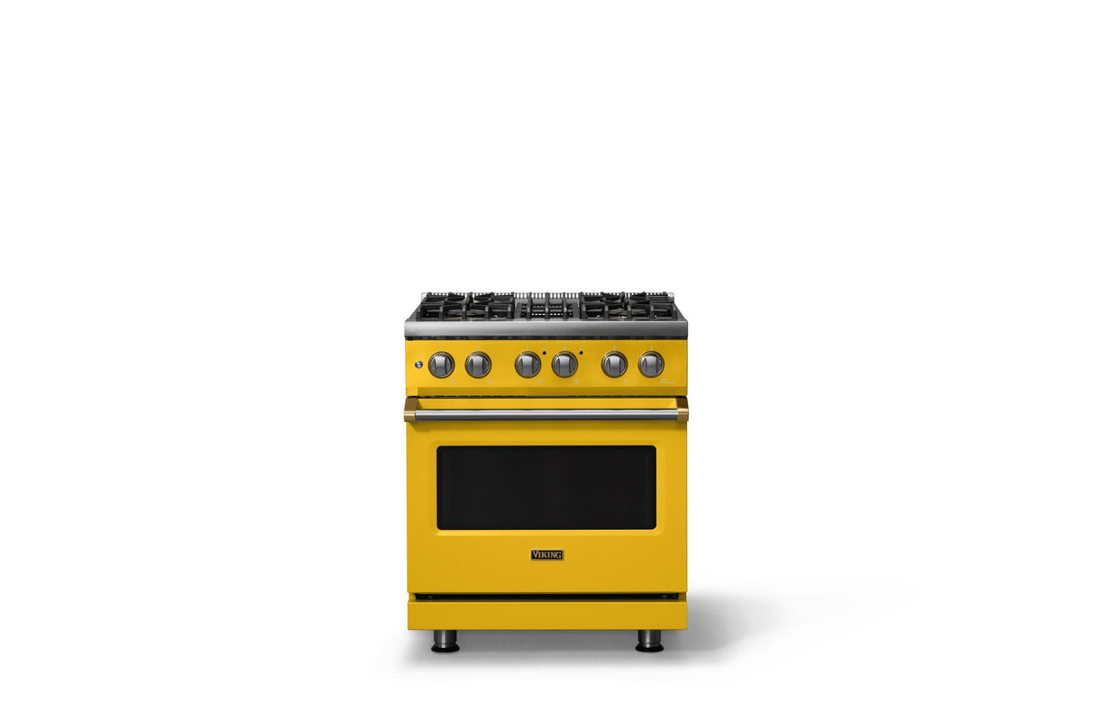 30"W. Dual Fuel Range (Finish: Daffodil, Trim: Brushed Brass, Fuel: Propane)