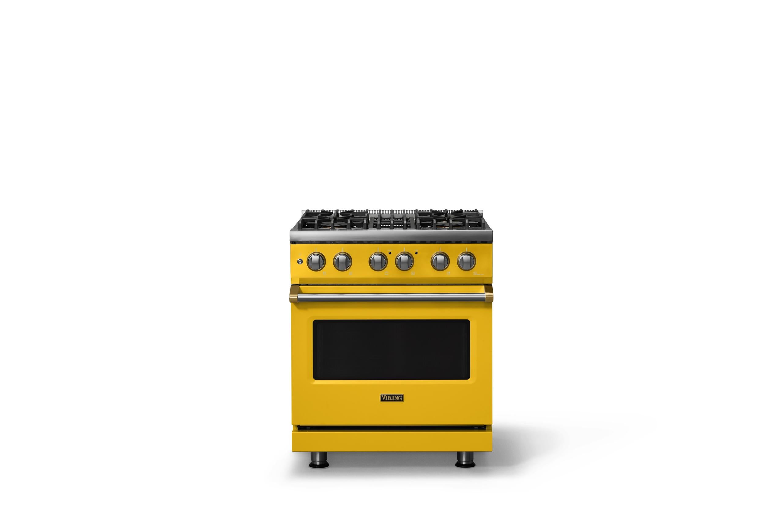 30"W. Dual Fuel Range (Finish: Daffodil, Trim: Brushed Brass, Fuel: Propane)