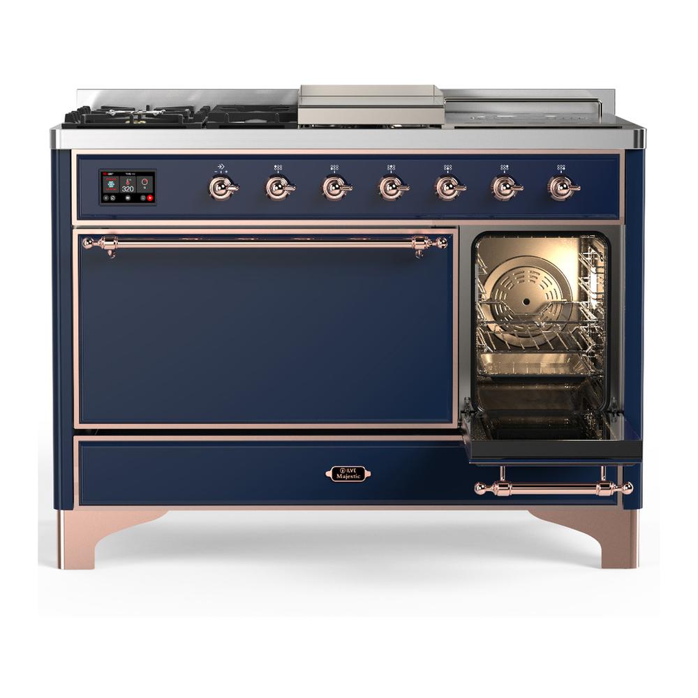 ILVE UM48FSQNR3MBPLP Majestic III 48 inch Dual Fuel Range with 5 Black Brass Burners, Griddle and French Top, Dual Function Burner up to 25,000 BTU (Liquid Propane, Solid Door, Midnight Blue, Copper)