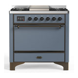 ILVE UM36FQNR3BGB Majestic III 36 inch Dual Fuel Range with 6 Black Brass Burners and Griddle, Dual Function Burner up to 25,000 BTU (Solid Door, Blue Grey, Burnished, Natural Gas)