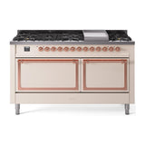ILVE UN60FQNMPAWPLP Nostalgie II Noblesse 60 inch Dual Fuel Range (9 Sealed Burners + Griddle, Liquid Propane, Solid Door, Antique White, Copper)