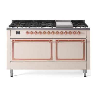 ILVE UN60FQNMPAWPLP Nostalgie II Noblesse 60 inch Dual Fuel Range (9 Sealed Burners + Griddle, Liquid Propane, Solid Door, Antique White, Copper)