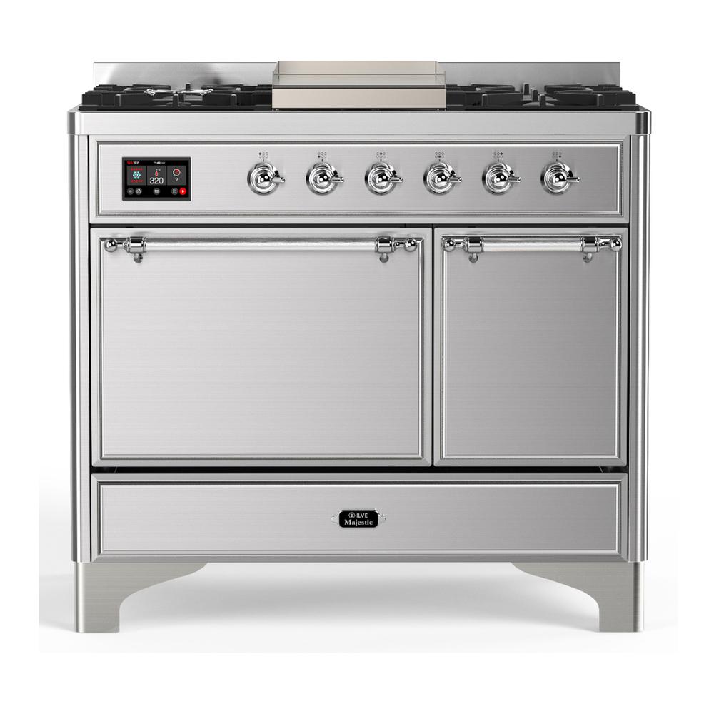 ILVE UMD40FQNR3SSCLP Majestic III 40 inch Dual Fuel Range with 6 Burners and Griddle, Dual Function Burner up to 25,000 BTU (Liquid Propane, Solid Door, Stainless Steel, Chrome)