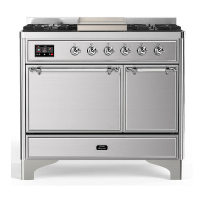 ILVE UMD40FQNR3SSCLP Majestic III 40 inch Dual Fuel Range with 6 Burners and Griddle, Dual Function Burner up to 25,000 BTU (Liquid Propane, Solid Door, Stainless Steel, Chrome)