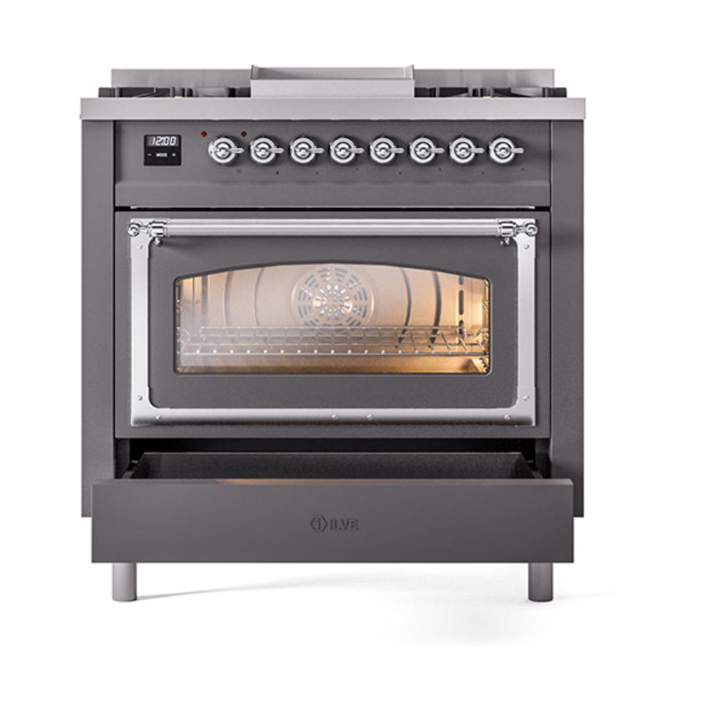ILVE UN36FNMPMGCLP Nostalgie II Noblesse 36 inch Dual Fuel Range (Liquid Propane, Triple Glass Door, Graphite Matte, Chrome)