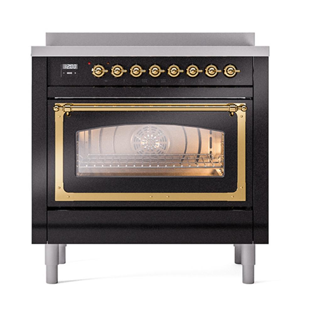 ILVE UNI366NMPBKG Nostalgie II Noblesse 36 inch Induction Range (Triple Glass Door, Glossy Black, Brass)