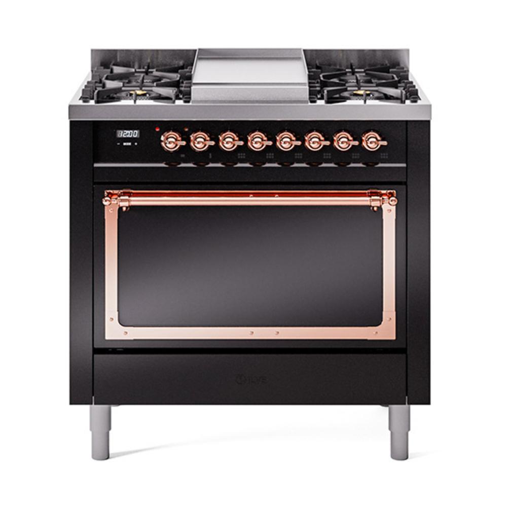 ILVE UN36FQNMPBKPLP Nostalgie II Noblesse 36 inch Dual Fuel Range (Liquid Propane, Solid Door, Glossy Black, Copper)