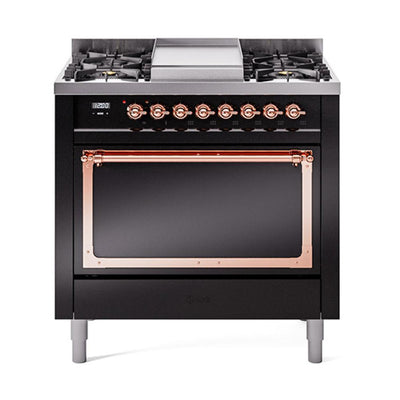 ILVE UN36FQNMPBKPLP Nostalgie II Noblesse 36 inch Dual Fuel Range (Liquid Propane, Solid Door, Glossy Black, Copper)