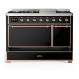 ILVE UM48FQNR3BKP Majestic III 48 inch Dual Fuel Range with 8 Burners and Griddle, Dual Function Burner up to 25,000 BTU (Natural Gas, Solid Door, Glossy Black, Copper)
