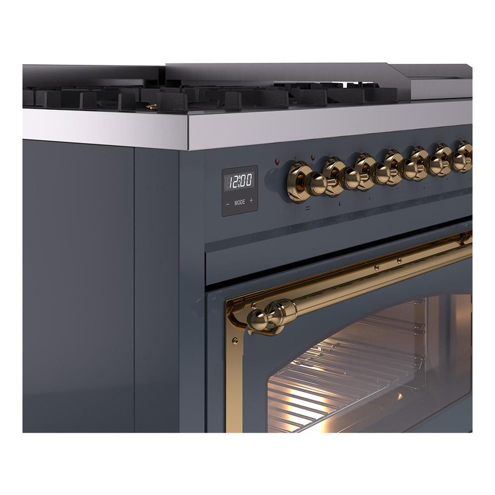 ILVE UN48FNMPBGG Nostalgie II Noblesse 48 inch Dual Fuel Range (8 Sealed Burners + Griddle, Natural Gas, Triple Glass Door, Blue Grey, Brass)