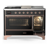 ILVE UM48FSNR3BKP Majestic III 48 inch Dual Fuel Range with 5 Black Brass Burners, Griddle and French Top, Dual Function Burner up to 25,000 BTU (Natural Gas, Triple Glass Door, Glossy Black, Copper)