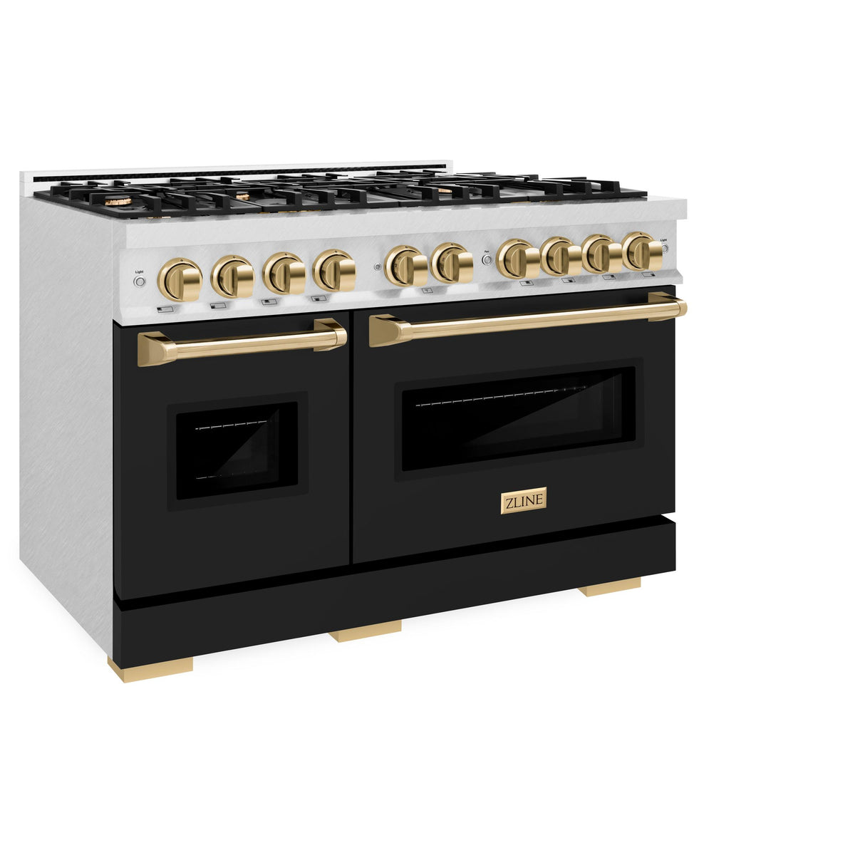 ZLINE Autograph Edition 48 in. 6.7 cu. ft. Classic Double Oven Dual Fuel Range with 8 Burner Gas Cooktop in DuraSnow' Stainless Steel with Black Matte Doors and Polished Gold Accents (CDRSZ-BLM-48-G)