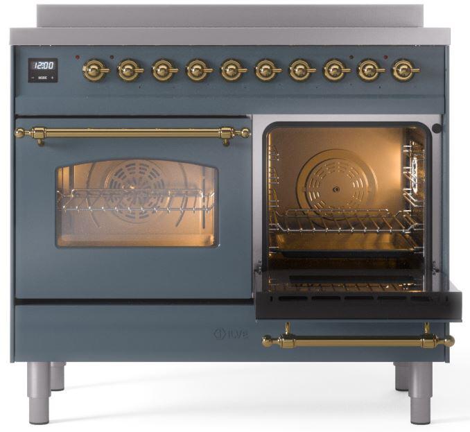 Nostalgie II 40 Inch Electric Freestanding Range in Blue Grey with Brass Trim