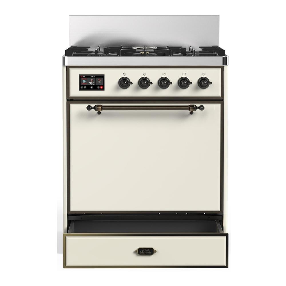 ILVE UM30QNR3AWBLP Majestic III 30 inch Dual Fuel Range with 5 Black Brass Burners, Dual Function Burner up to 25,000 BTU (Liquid Propane, Solid Door, Antique White, Burnished)