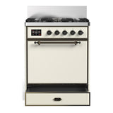 ILVE UM30QNR3AWBLP Majestic III 30 inch Dual Fuel Range with 5 Black Brass Burners, Dual Function Burner up to 25,000 BTU (Liquid Propane, Solid Door, Antique White, Burnished)