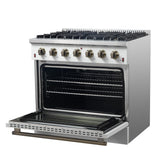 Forno Galiano 36-inch Freestanding Gas Range in White with Antique Brass Design, 6 Burners, 83,000 BTU, 5.36 cu.ft. Convection Oven