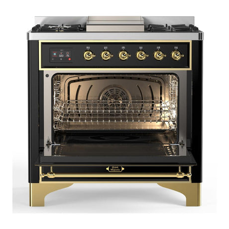 ILVE UM36FQNR3BKGLP Majestic III 36 inch Dual Fuel Range with 6 Black Brass Burners and Griddle, Dual Function Burner up to 25,000 BTU (Solid Door, Glossy Black, Brass, Liquid Propane)