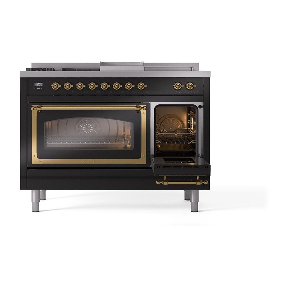 ILVE UN48FSNMPBKGLP Nostalgie II Noblesse 48 inch Dual Fuel Range (5 Sealed Burners + Griddle + French Top, Liquid Propane, Triple Glass Door, Glossy Black, Brass)
