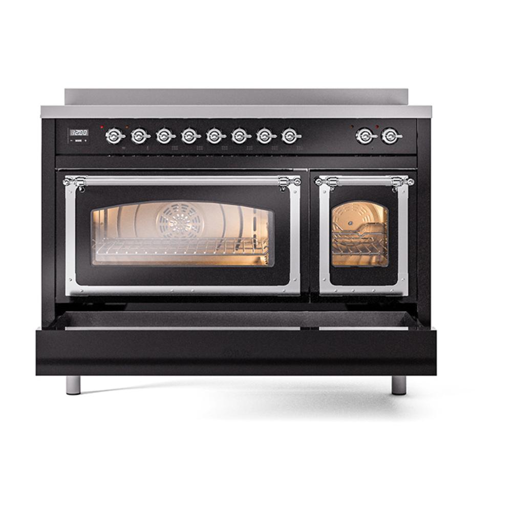ILVE UNI486NMPBKC Nostalgie II Noblesse 48 inch Induction Range (Triple Glass Door, Glossy Black, Chrome)