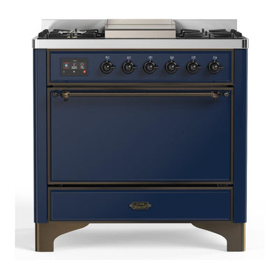 ILVE UM36FQNR3MBB Majestic III 36 inch Dual Fuel Range with 6 Black Brass Burners and Griddle, Dual Function Burner up to 25,000 BTU (Solid Door, Midnight Blue, Burnished, Natural Gas)