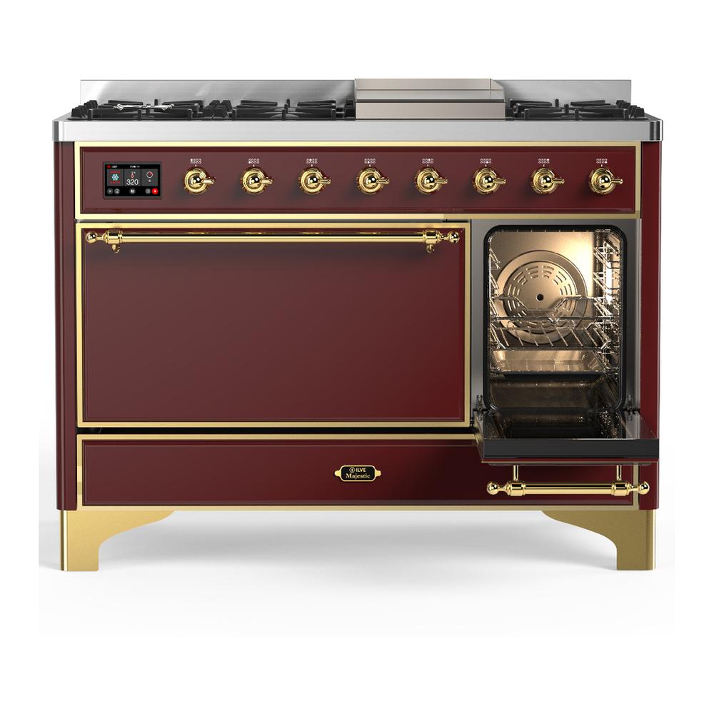 ILVE UM48FQNR3BUGLP Majestic III 48 inch Dual Fuel Range with 8 Burners and Griddle, Dual Function Burner up to 25,000 BTU (Liquid Propane, Solid Door, Burgundy, Brass)