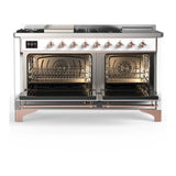 ILVE UM60FSQNR3WHPLP Majestic III 60 inch Dual Fuel Range with 7 Burners, Griddle and French Top, Dual Function Burner with up to 25,000 BTU (Liquid Propane, Solid Door, White, Copper)
