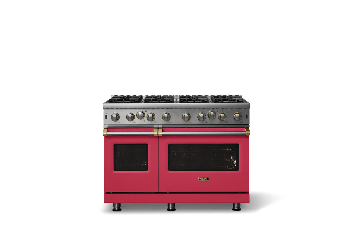 48"W. Open Burner Gas Range (Finish: Valentine, Trim: Brushed Brass, Fuel: Natural Gas)