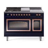 ILVE UN48FSNMPMBP Nostalgie II Noblesse 48 inch Dual Fuel Range (5 Sealed Burners + Griddle + French Top, Natural Gas, Triple Glass Door, Midnight Blue, Copper)