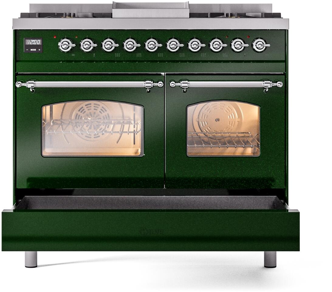 Nostalgie II 40 Inch Dual Fuel Natural Gas Freestanding Range in Emerald Green with Chrome Trim