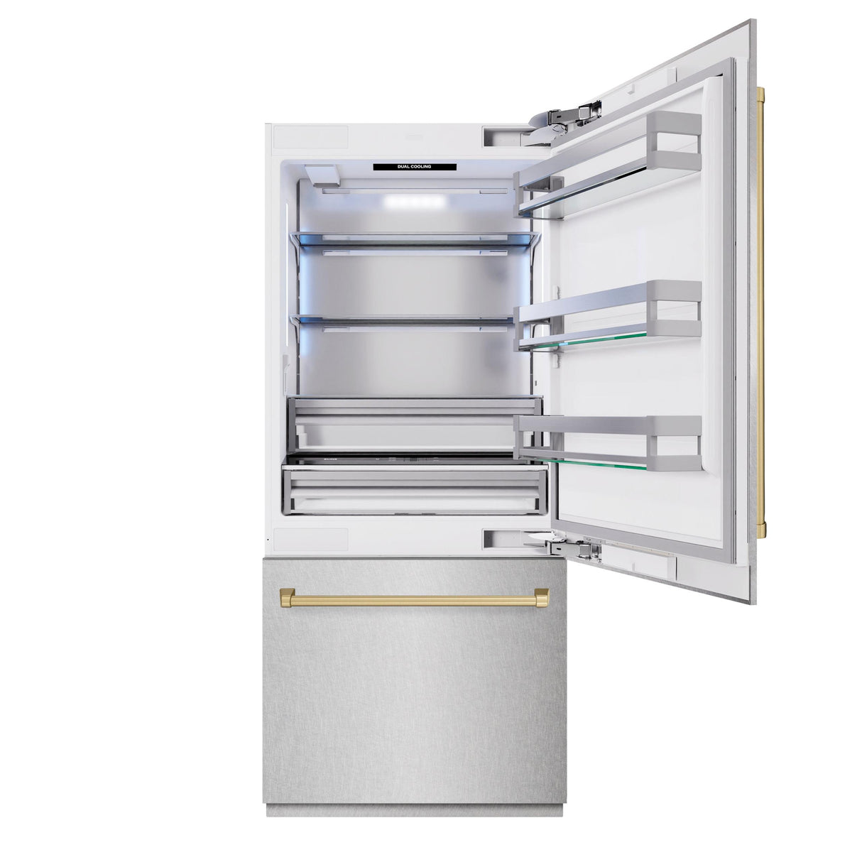 ZLINE Autograph Edition 36 in. 19.8 cu. ft. Built-In Bottom Freezer Refrigerator with Water Dispenser and Ice Maker in DuraSnow' Stainless Steel and Champagne Bronze Accents (RBITZ-SN-36-CB)