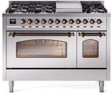 Nostalgie II 48 Inch Dual Fuel Natural Gas Freestanding Range in Stainless Steel with Bronze Trim