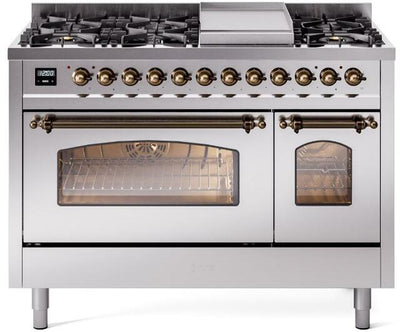 Nostalgie II 48 Inch Dual Fuel Natural Gas Freestanding Range in Stainless Steel with Bronze Trim