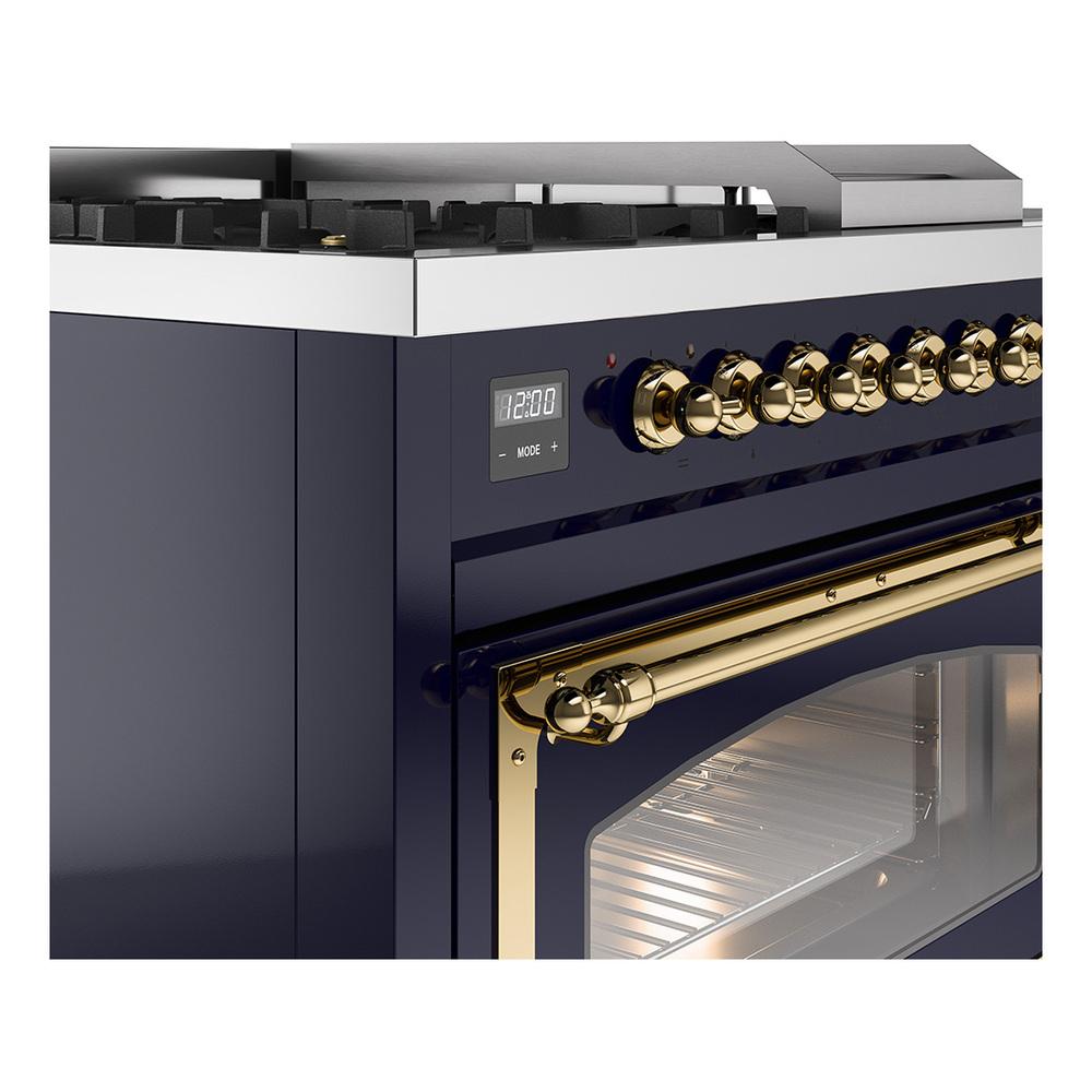ILVE UN48FSNMPMBGLP Nostalgie II Noblesse 48 inch Dual Fuel Range (5 Sealed Burners + Griddle + French Top, Liquid Propane, Triple Glass Door, Midnight Blue, Brass)