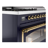 ILVE UN48FSNMPMBGLP Nostalgie II Noblesse 48 inch Dual Fuel Range (5 Sealed Burners + Griddle + French Top, Liquid Propane, Triple Glass Door, Midnight Blue, Brass)