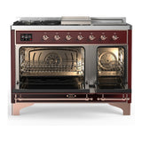ILVE UM48FSQNR3BUPLP Majestic III 48 inch Dual Fuel Range with 5 Black Brass Burners, Griddle and French Top, Dual Function Burner up to 25,000 BTU (Liquid Propane, Solid Door, Burgundy, Copper)