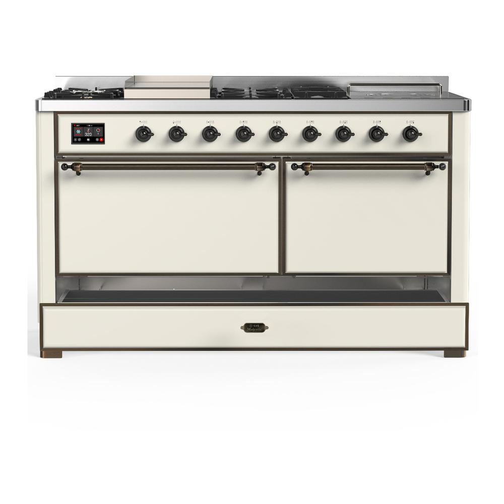 ILVE UM60FSQNR3AWBLP Majestic III 60 inch Dual Fuel Range with 7 Burners, Griddle and French Top, Dual Function Burner with up to 25,000 BTU (Liquid Propane, Solid Door, Antique White, Burnished)