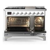 ILVE UM48FNR3WHCLP Majestic III 48 inch Dual Fuel Range with 8 Burners and Griddle, Dual Function Burner up to 25,000 BTU (Liquid Propane, Triple Glass Door, White, Chrome)