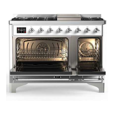 ILVE UM48FNR3WHCLP Majestic III 48 inch Dual Fuel Range with 8 Burners and Griddle, Dual Function Burner up to 25,000 BTU (Liquid Propane, Triple Glass Door, White, Chrome)