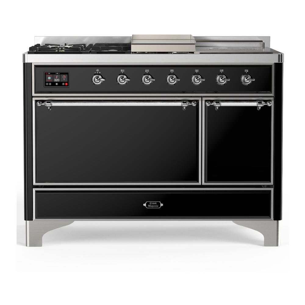 ILVE UM48FSQNR3BKC Majestic III 48 inch Dual Fuel Range with 5 Black Brass Burners, Griddle and French Top, Dual Function Burner up to 25,000 BTU (Natural Gas, Solid Door, Glossy Black, Chrome)