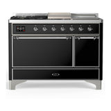 ILVE UM48FSQNR3BKC Majestic III 48 inch Dual Fuel Range with 5 Black Brass Burners, Griddle and French Top, Dual Function Burner up to 25,000 BTU (Natural Gas, Solid Door, Glossy Black, Chrome)