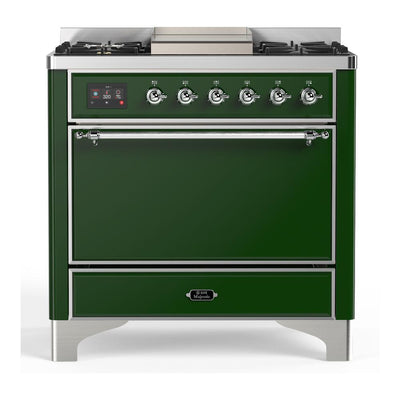ILVE UM36FQNR3EGCLP Majestic III 36 inch Dual Fuel Range with 6 Black Brass Burners and Griddle, Dual Function Burner up to 25,000 BTU (Solid Door, Emerald Green, Chrome, Liquid Propane)