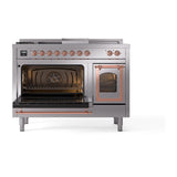 ILVE UN48FSNMPSSP Nostalgie II Noblesse 48 inch Dual Fuel Range (5 Sealed Burners + Griddle + French Top, Natural Gas, Triple Glass Door, Stainless Steel, Copper)