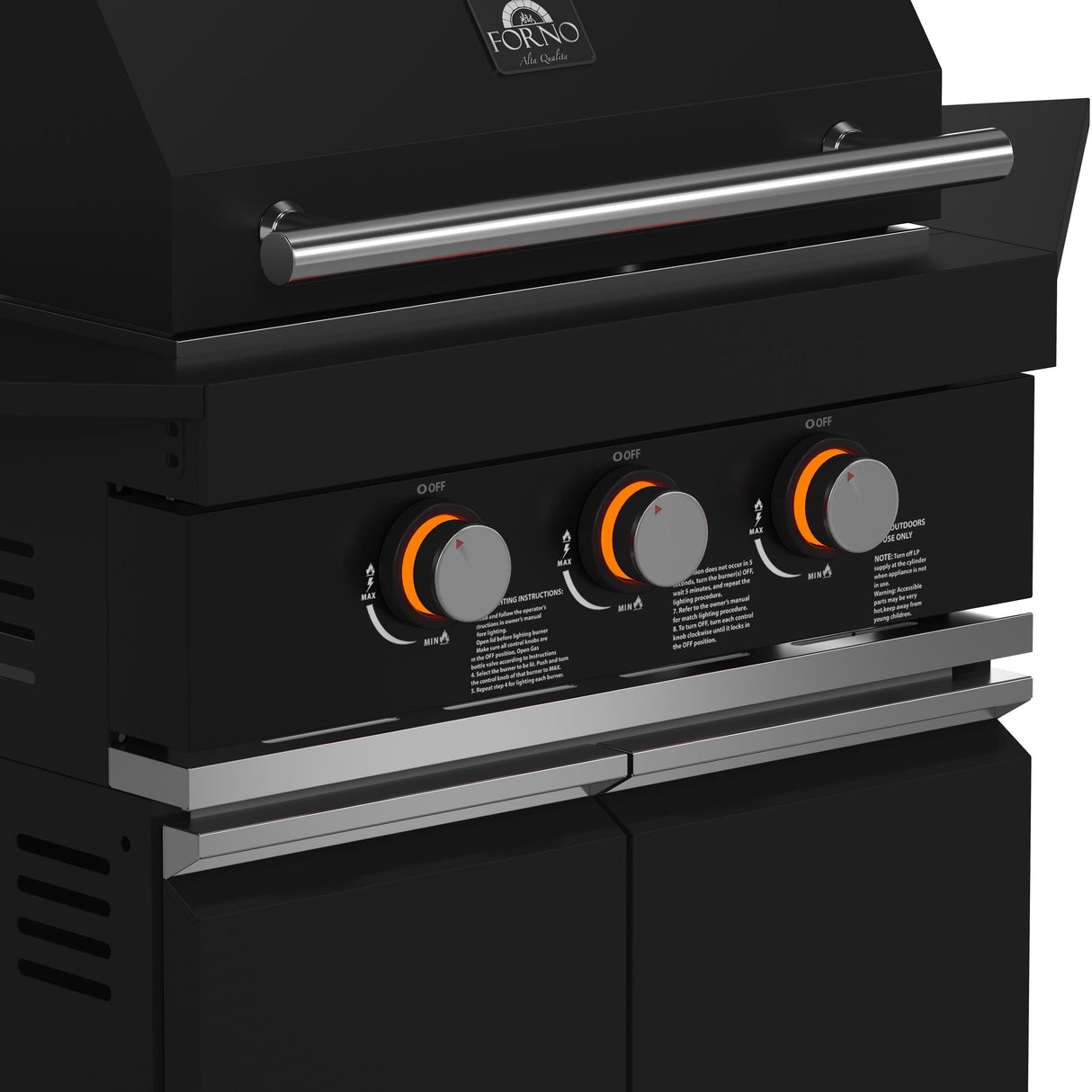 Forno All Aperto 99,600 BTU Outdoor Kitchen, 5 Burners, Infrared Burners, Side Burner, Black Sintered Stone Countertops, Gas Pizza Oven, Sink Module, Bar & Beverage Center